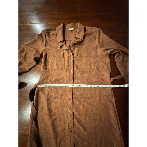 Max Studio Dress Sz L Brown Button Down Textured Long Sleeve Midi Shirtdress - Picture 7 of 9